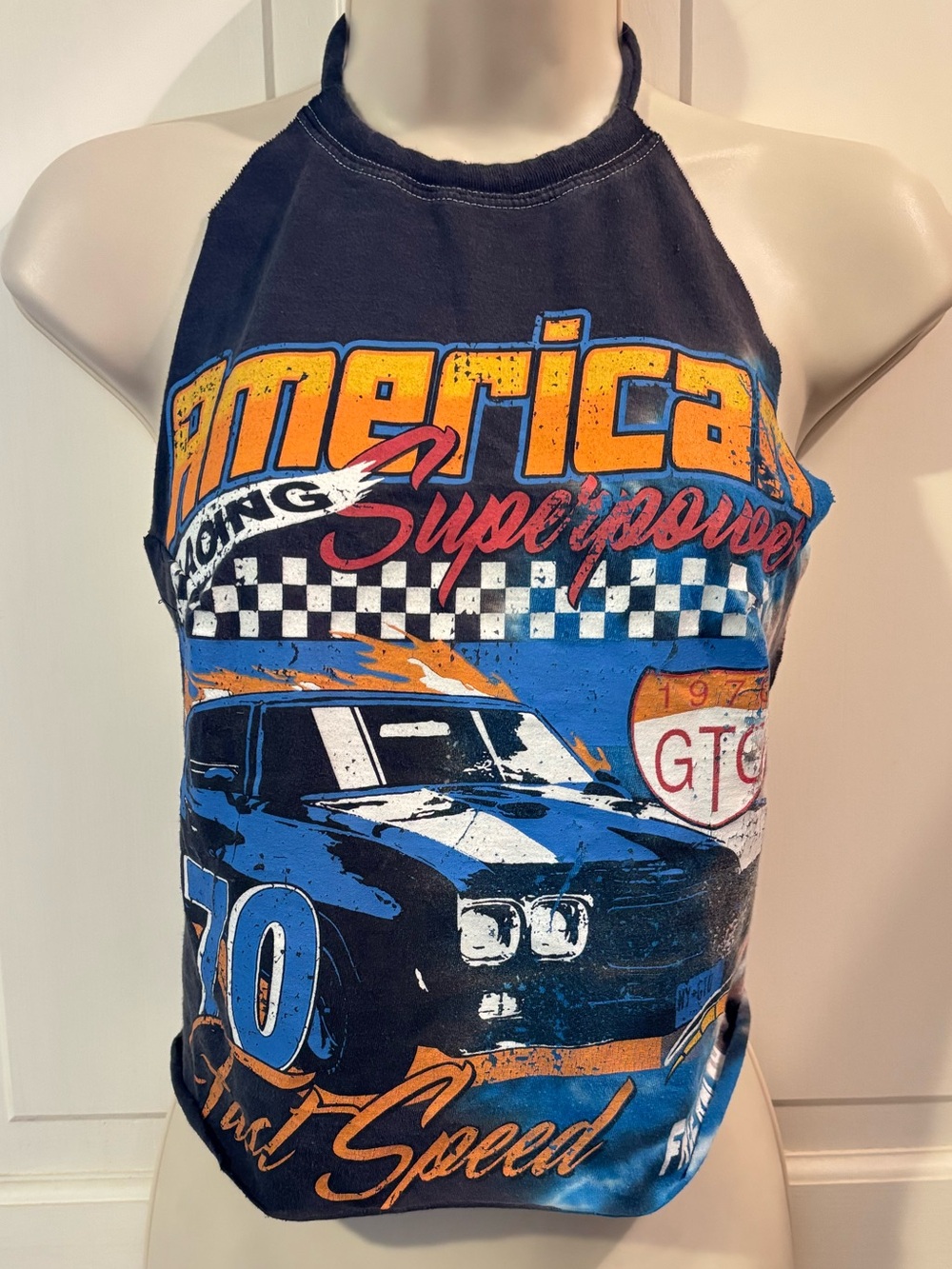 Upcycled Graphic Racing Halter Crop Top - Blue, Black, Orange